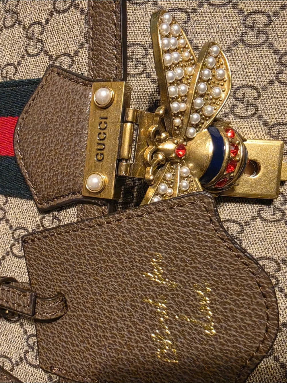 Gucci Brown GG Supreme Crossbody with Red and Green Web Stripe
